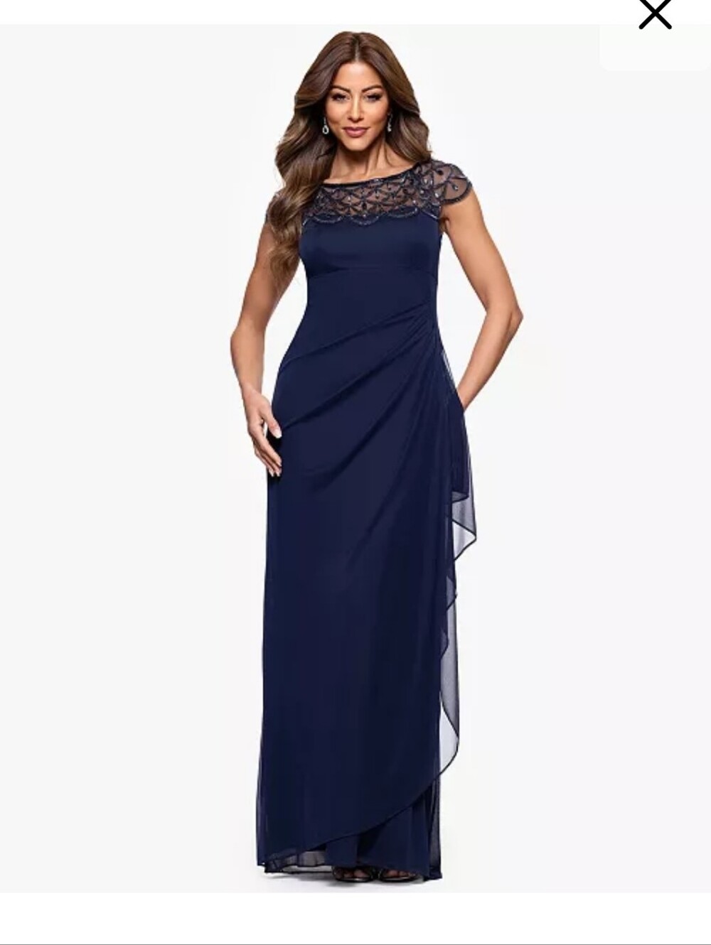 Xscape NWT Size 8 Navy Beaded Illusion Maxi Gown Formal Dress $239 Old Money
